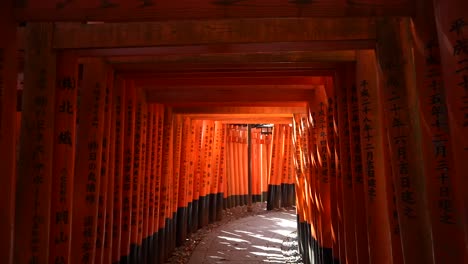 Detalle-De-Las-Puertas-Torii-De-Color-Bermellón-Del-Santuario-Fushimi-Inari,-Kyoto,-Japón