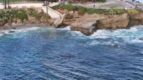 Península-Del-Parque-De-Paso-Elevado-De-Drones-De-La-Jolla-Cove-Con-Leones-Marinos,-Focas,-Caminantes-Y-El-Edificio-Del-Club-De-Puentes