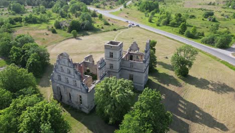 Aerial-makes-full-orbit-of-ruined-Ungru-Mois-mansion-on-Estonia-estate