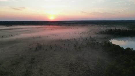 Morgennebel-Bedeckt-Sumpfiges-Grundmoor-Im-Goldenen-Sonnenaufgang-über-Der-Luft