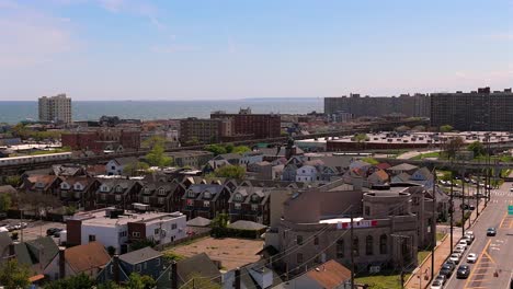 An-aerial-view-of-a-residential-neighborhood-in-Far-Rockaway,-Queens-in-NY-on-a-sunny-day