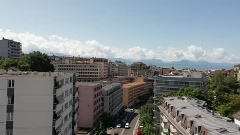 Beautiful-aerial-of-downtown-Lausanna-in-Switzerland-with-high-rise-buildings-on-a-sunny-summer-day