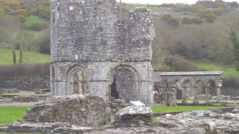 Old-Mellifont-Abbey-ruins-in-Tullyallen,-Drogheda,-Ireland,-captured-with-a-vintage-Helios-lens