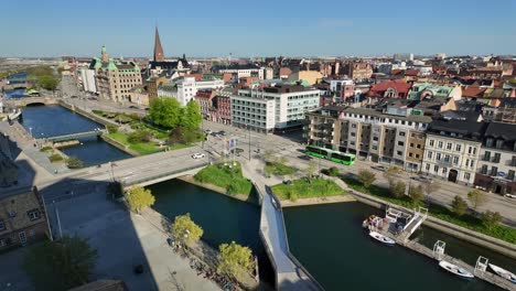 Aerial-View-of-Beautiful-Malmö-City-Center-with-Canals-in-Summer-of-Sweden