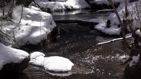 Kleiner-Bach-Fließt-Zwischen-Schneebedeckten-Ufern