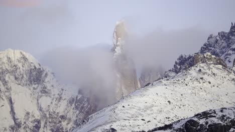 Frozen-mystical-timelapse-of-clouds-covering-the-Cerro-Torre-mountain-in-Patagonia,-Argentina