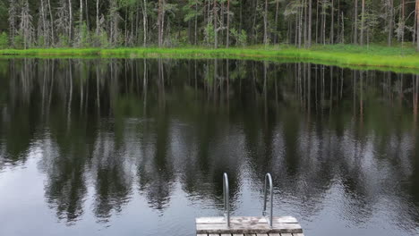 Low-aerial-flies-through-trees,-over-dock,-to-small-green-forest-lake