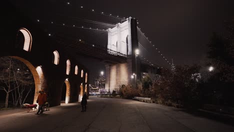 Frau-Betrachtet-Alte-Architektur-Neben-Der-Brooklyn-Bridge