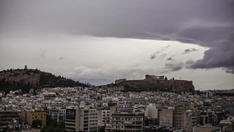 Athens,-Greece-city-skyline-and-the-ancient-Greek-ruins-of-the-Acropolis-and-Parthenon---time-lapse