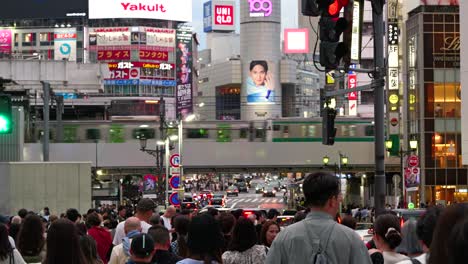 Filmische-POV-Aufnahme-Aus-Dem-Gehen-Durch-Die-Straßen-Von-Tokio-Bei-Nacht-Mit-Zügen-Und-Menschen
