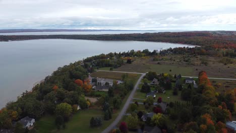 Wide-aerial-shot-of-coastal-land-in-the-fall