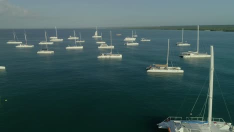 Aerial-view-of-catamarans-moored-in-Bayahibe-bay