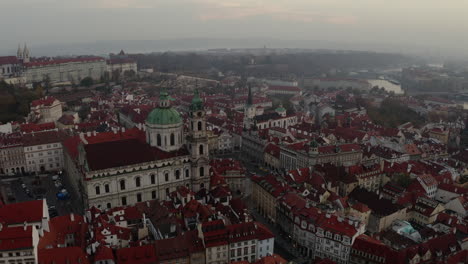 Sunrise-moving-sidewards-Aerial-Shot-over-the-Old-Town-in-Prague,-Czech-Republic