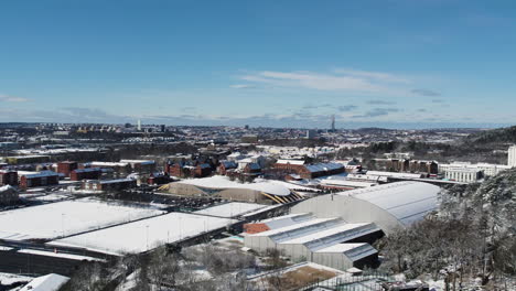 Snow-Covered-Kviberg-Cityscape-at-Winter,-Gothenburg,-Sweden,-Aerial-View