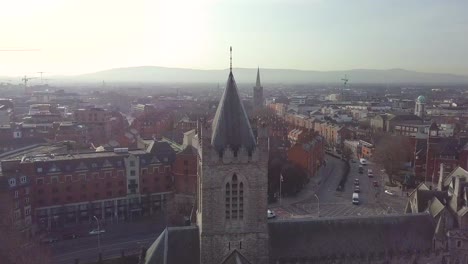 Fly-by-drone-shot-of-Dublin's-Christ-Church-Cathedral-at-sunrise