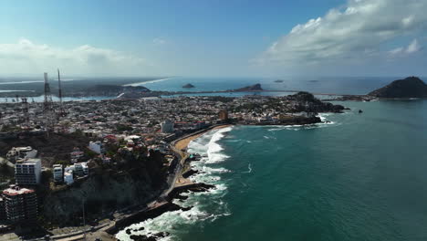 Aerial-overview-of-the-coastline-of-Mazatlan,-sunny-day-in-Sinaloa,-Mexico