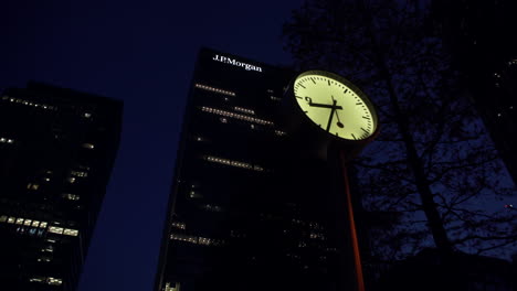 Low-angle-shot-of-the-JP-Morgan-building-in-Canary-Wharf,-London