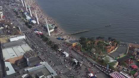 Busy-Southend-Seafront-with-sunken-pier,-Shakedown-biker-event-on-Bank-Holiday-weekend