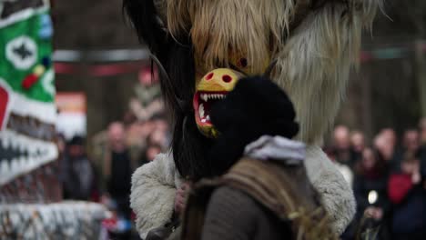 Hairy-mask-with-horns-and-yellow-muzzle-and-big-teeths-with-a-shepherd-musician-crossing-infront-of-it
