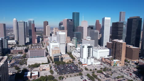 Drone-Shot,-Downtown-Houston-Skyscrapers-and-Towers,-Drone-Shot