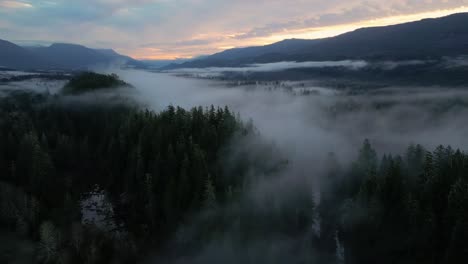 Aerial-view-of-Secluded-Scenic-River-and-Foggy-Trees-at-Sunrise