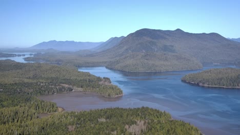 Hermosas-Y-Exuberantes-Montañas-Verdes-Y-Lagos-Dispersos---Vista-Aérea-Soleada