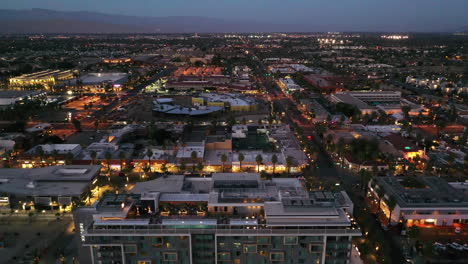 Panoramic-Aerial-View-Of-Local-Shopping-Area-Over-Old-Town-In-Scottsdale-Desert-City-In-Arizona,-USA