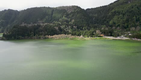 Lake-and-Hills,-Azores,-Portugal,-aerial-drone-panning-shot