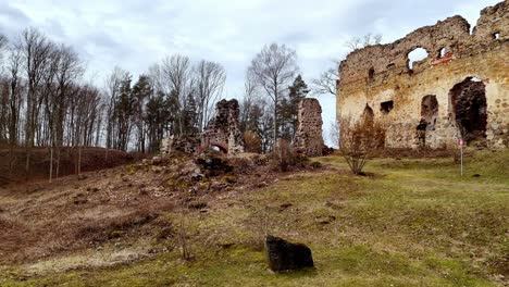 Aerial-drone-fly-inside-Rauna-castle-ruins-village-architectural-dry-autumn-land