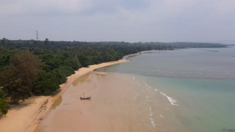 Aerial-View-Flying-Along-Empty-Ao-Kao-Beach-In-Koh-Mak-With-Tropical-Forest-Trees