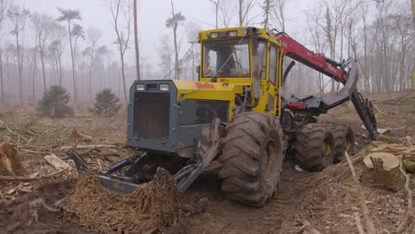 A-panning-shot-of-a-tree-excavator-in-the-middle-of-a-destroyed-forest