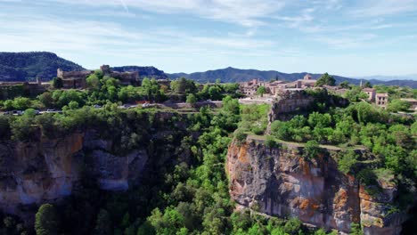 Aerial-shot-of-siurana-village-in-a-sunny-day-with-blue-clouds