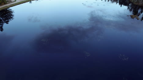 Slow-moving-aerial-drone-shot-over-a-calm-lake-with-the-sky-reflected-in-the-water