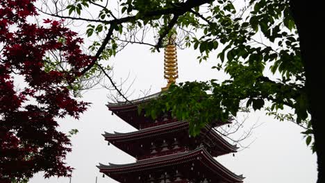Vista-Cinematográfica-De-La-Pagoda-Senso-ji-En-Tokio,-Japón,-Entre-árboles.