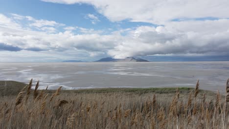 Slow-wide-aerial-push-in-over-shoreline-of-Great-Salt-Lake,-Utah-on-a-sunny-day