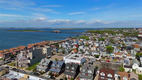 An-aerial-view-of-a-residential-neighborhood-in-Far-Rockaway,-Queens-in-NY-on-a-sunny-day