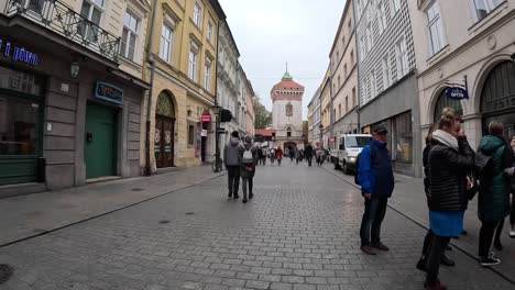 Hyperlaps-view,-walking-Krakow-old-town,-Poland