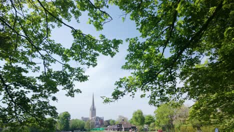 Blick-Durch-Bäume-Zum-Turm-Der-Kathedrale-Von-Norwich-über-Den-Schulsportplatz-Vom-Uferweg-Aus
