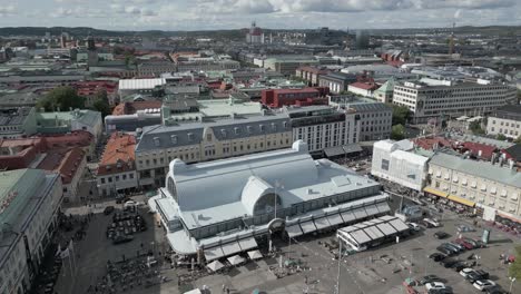 Sunny-aerial-orbits-public-market-plaza-in-Swedish-city-of-Gothenburg