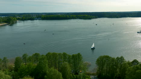 Olsztyn,-Ukiel-Lake,-panoramic-view,-urban-development,-greenery,-boats,-shoreline,-buildings,-water,-cityscape,-horizon,-scenic,-landscape,-recreation,-boating,-waterfront,-nature,-outdoors