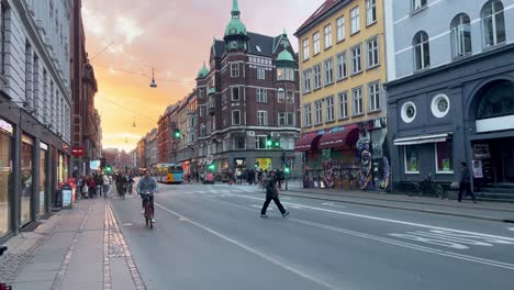 Beautiful-Copenhagen-City-Scenery-with-People-on-Bicycle-during-Sunset