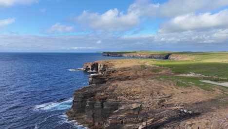 Aerial-View-of-Cliffs-and-Landscape,-Scenic-Coastline-of-Scotland,-Great-Britain