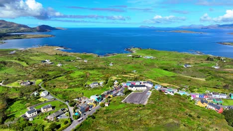 Drone-landscape-of-Eyreies-village-Beara-peninsula-West-Cork-Ireland-a-must-see-for-tourists-on-the-Wild-Atlantic-Way-on-a-summer-morning