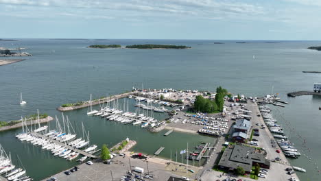 Aerial-view-around-boats-at-the-Lauttasaari-marina,-in-sunny-Helsinki,-Finland