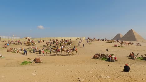 Wüstenbasar-Am-Rande-Der-Großen-Pyramiden-Von-Gizeh-Mit-Kamelen-Und-Menschen
