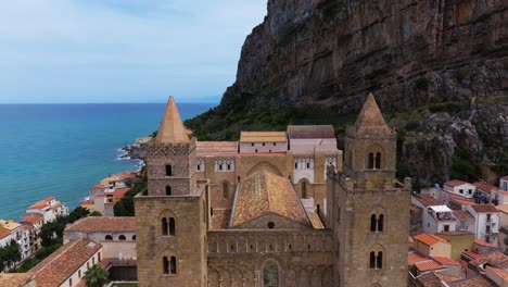 Aerial-Pullback-Reveals-Incredible-Cefalu-Cathedral-and-Tourist-Destination-in-Sicily