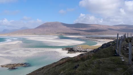 Scenic-landscape-view-of-coastal-environment-in-rural-countryside-with-mountainous-terrain-on-the-isle-of-Lewis-and-Harris,-Outer-Hebrides,-Western-Scotland-UK