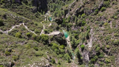 Aerial-view-of-mountain-stream-with-turquoise-waters,-viewpoint-and-wooden-walkway-over-the-river