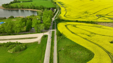 Aerial-view-of-a-lake-surrounded-by-green-fields,-a-bright-yellow-rapeseed-field,-and-a-rural-road-with-cars-and-trees