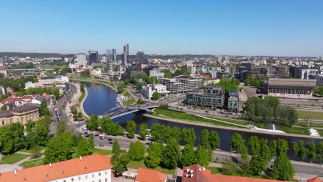 Zentrales-Geschäftsviertel-Von-Vilnius-Und-Fluss-Neris-–-Wunderschöne-Drohnenaufnahme